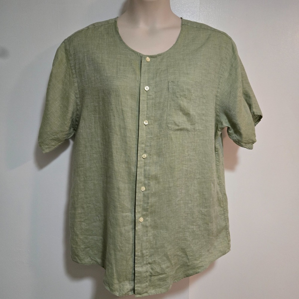 Brooks Brothers Size 1X Pale Green Irish Linen Button Front Lagenlook Blouse